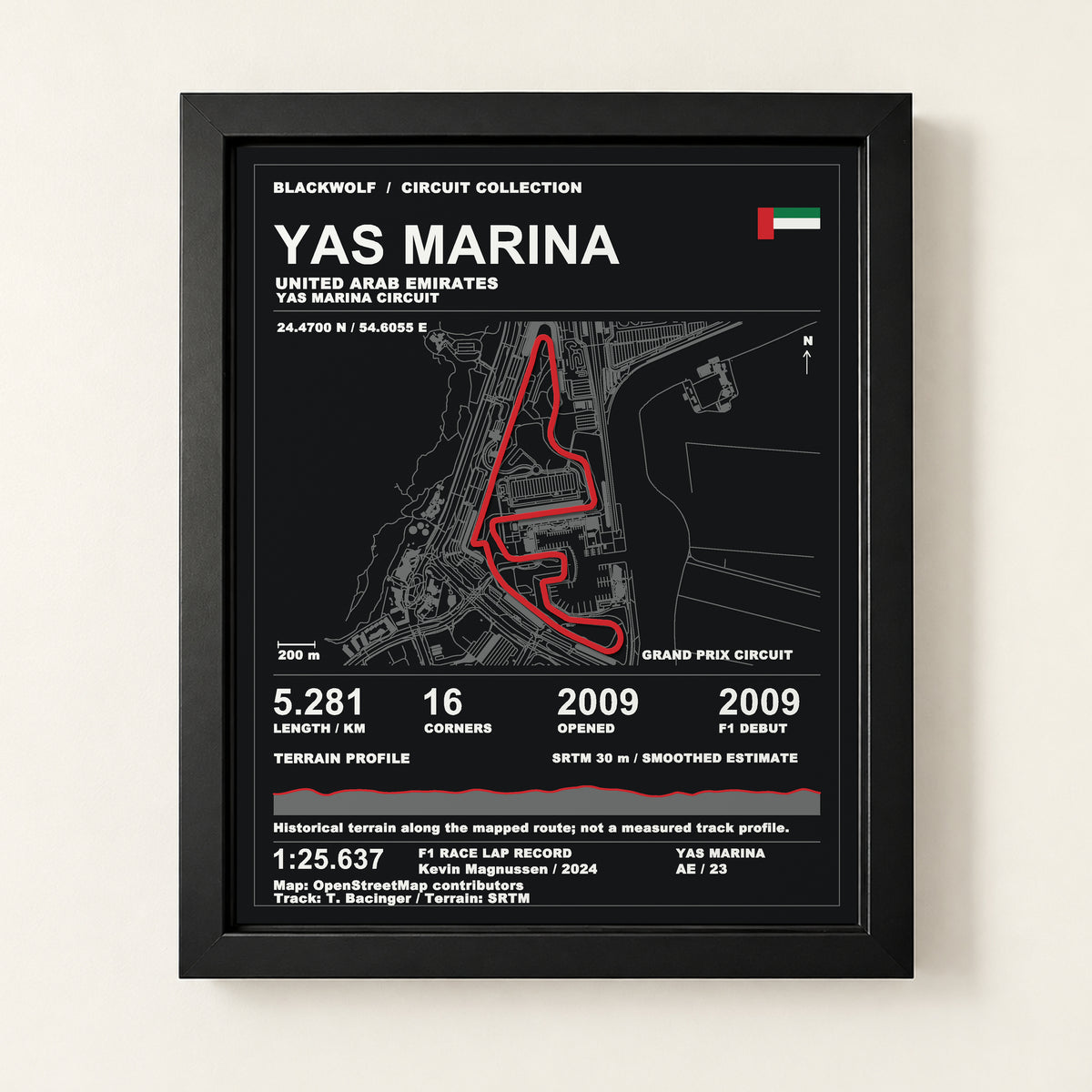 Yas Marina 8 × 10 inch circuit art with Black frame, digital product representation