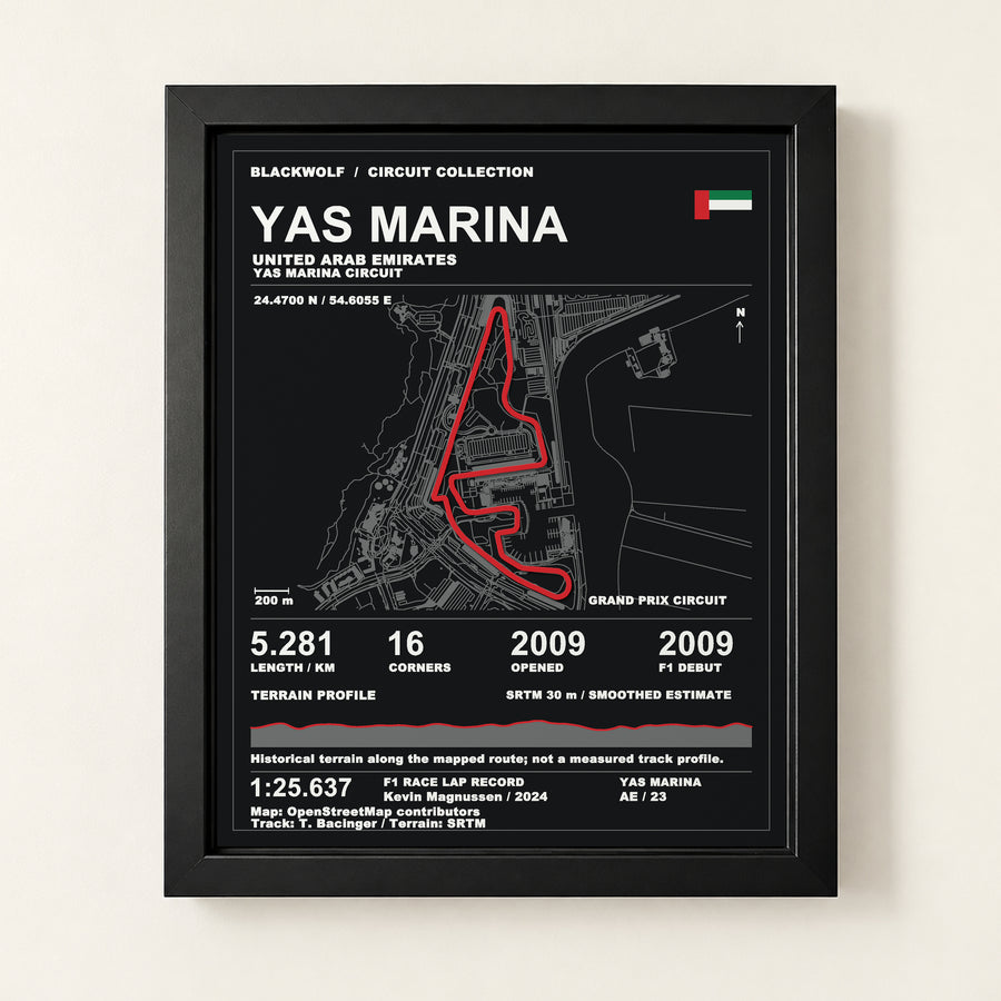 Yas Marina 8 × 10 inch circuit art with Black frame, digital product representation