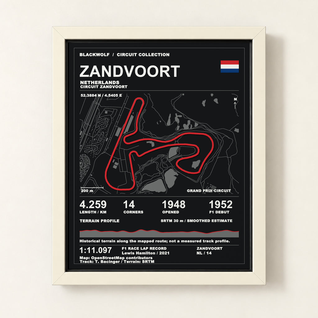 Zandvoort 8 × 10 inch circuit art with White frame, digital product representation