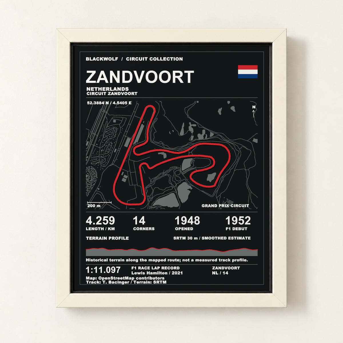 Zandvoort 8 × 10 inch circuit art with White frame, digital product representation