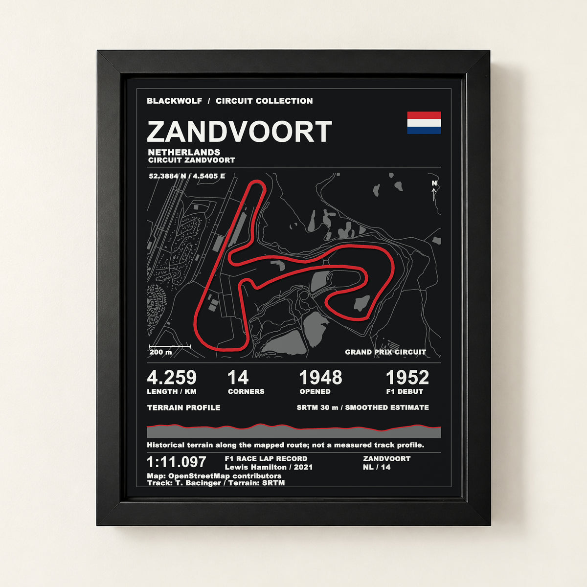 Zandvoort 8 × 10 inch circuit art with Black frame, digital product representation