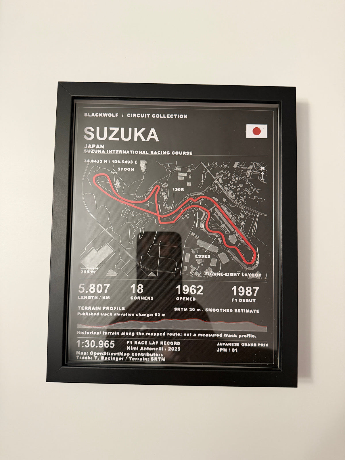 Original photograph of the physical Suzuka circuit artwork in a black frame displayed on a wall.